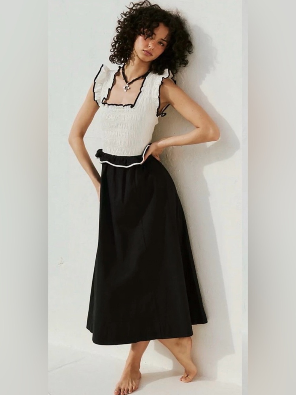 Free People M Black White Midi Nap Dress Smock Whimsical Country Stretchy Cotton